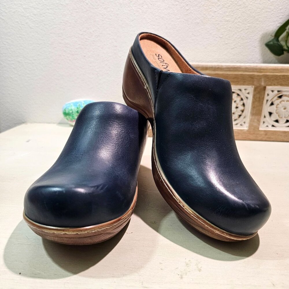 Softwalk Womens Sz 9.5N Navy Madison Leather Platform Clog Padded Comfort Shoes